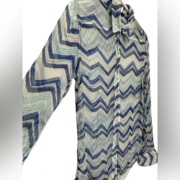 Lucky Brand blue and white chevron sheer long sleeve button up shirt - Picture 3 of 7